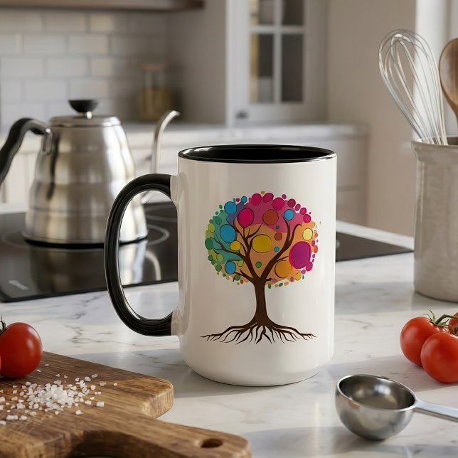 Abstrakt träd med rötter och färgglada blad. mugg (Abstract tree with roots and colorful leaves. mug)