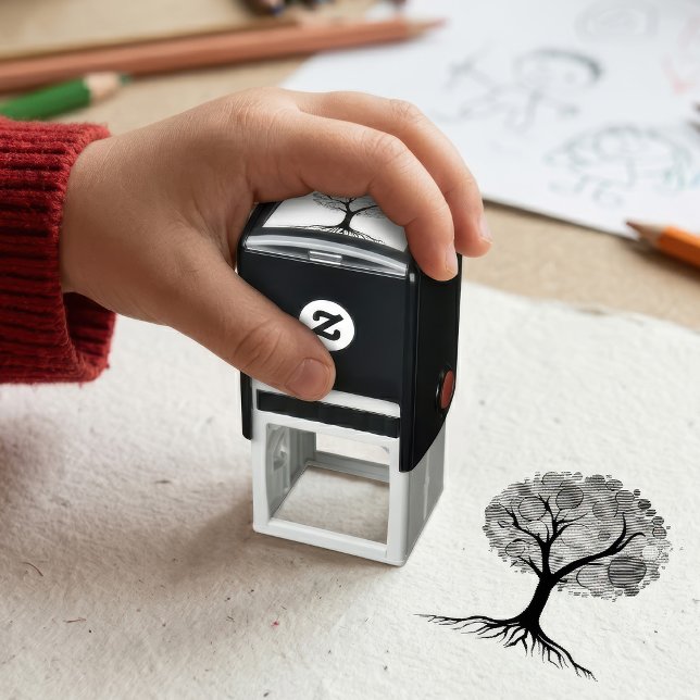 Abstrakt träd med rötter och färgglada blad. självfärgande stämpel (Abstract tree with roots and colorful leaves. self-inking stamp)