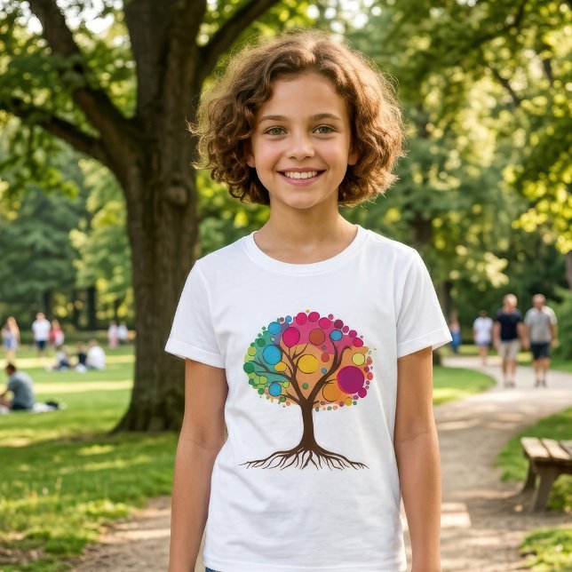Abstrakt träd med rötter och färgglada blad. t shirt (Abstract tree with roots and colorful leaves. Girl Basic White T-Shirt)