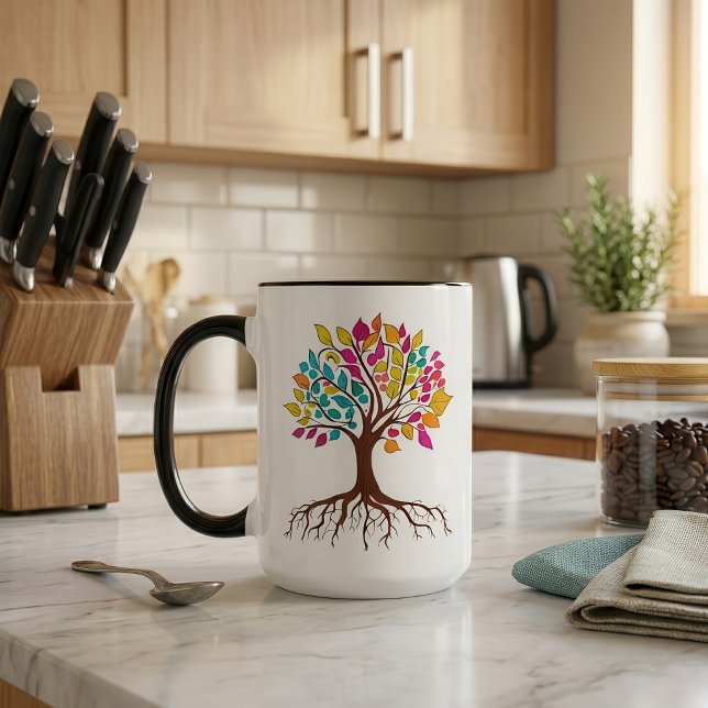 Abstrakt träd med rötter och färgstarka löv. mugg (Vibrant Tree of Life: Roots and colorful leaves. Mug)
