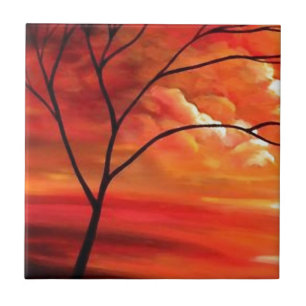 Abstrakt Träd & Red Sunset Kakelplatta