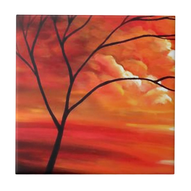 Abstrakt Träd & Red Sunset Kakelplatta (Framsidan)