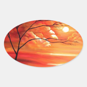Abstrakt Träd & Red Sunset Ovalt Klistermärke