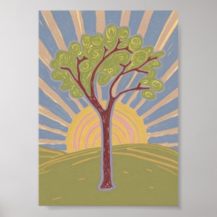 Abstrakt träd & uppgående sol konsttryck poster