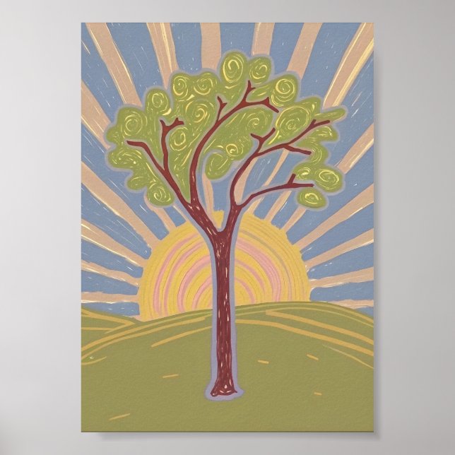 Abstrakt träd & uppgående sol konsttryck poster (Framsidan)