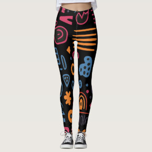 Abstrakt Tribal Doodle Neon Geometrisk Svart Leggings