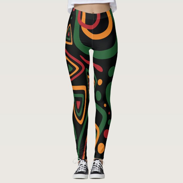Abstrakt Tribal Mönster i Rött, Guld, Grönt Leggings (Framsida)