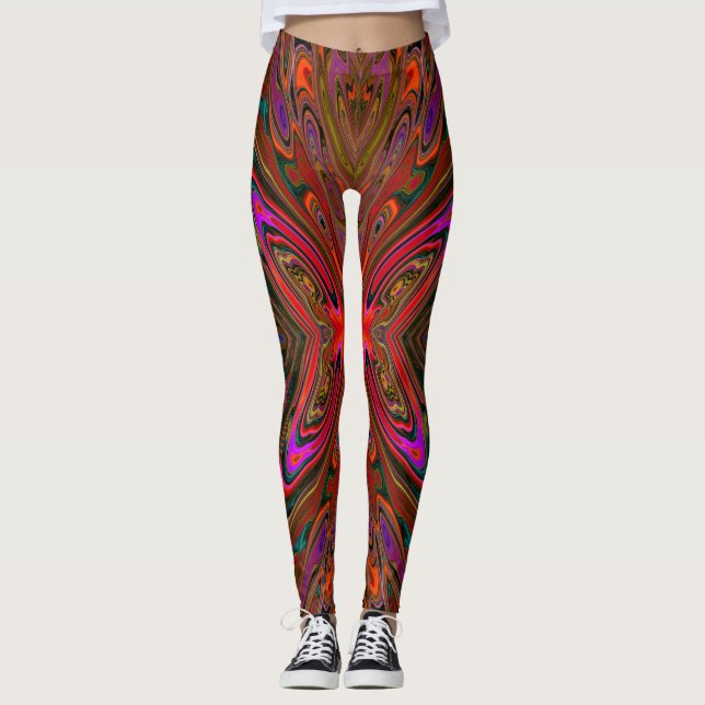 Abstrakt Trippy Orange och Magenta Butterfly Leggings (Framsida)