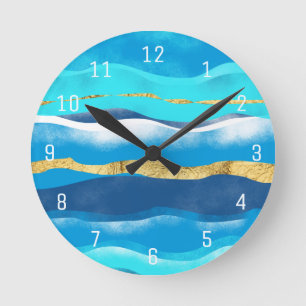 Abstrakt Tropical Beach Blue Guld Vågar Rund Klocka