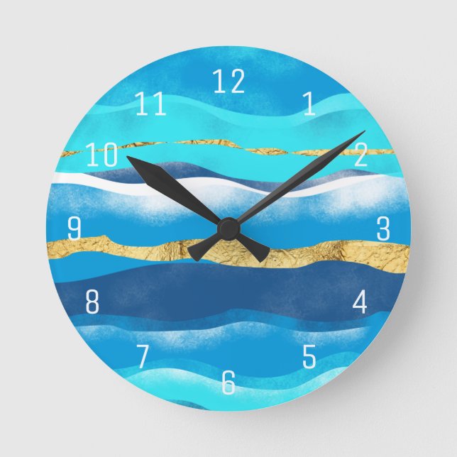 Abstrakt Tropical Beach Blue Guld Vågar Rund Klocka (Framsida)
