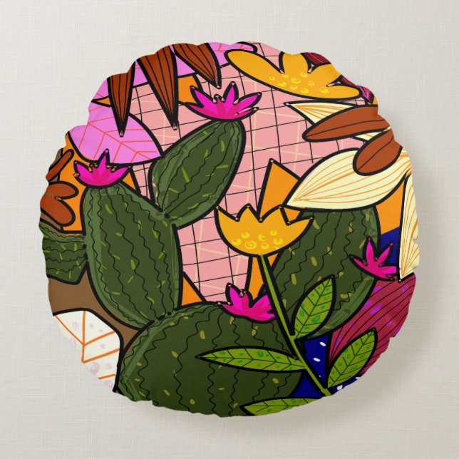 Abstrakt tropiska löv och blommor rund kudde (Framsidan)