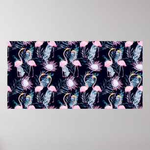 Abstrakt tropiska mönster med flamingo, protea, l poster