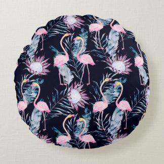 Abstrakt tropiska mönster med flamingo, protea, l rund kudde