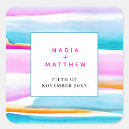 Abstrakt tropiska tidvatten linjer rosa aqua bröll fyrkantigt klistermärke