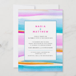 Abstrakt tropiska tidvatten linjer rosa aqua bröll inbjudningar