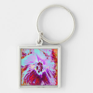 Abstrakt Tropiskt Aqua och Lila Hibiscus Flower Fyrkantig Silverfärgad Nyckelring