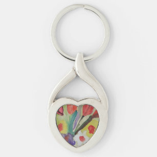 Abstrakt Tulips & Vår blommor Metall Twisted Heart Silverfärgad Nyckelring