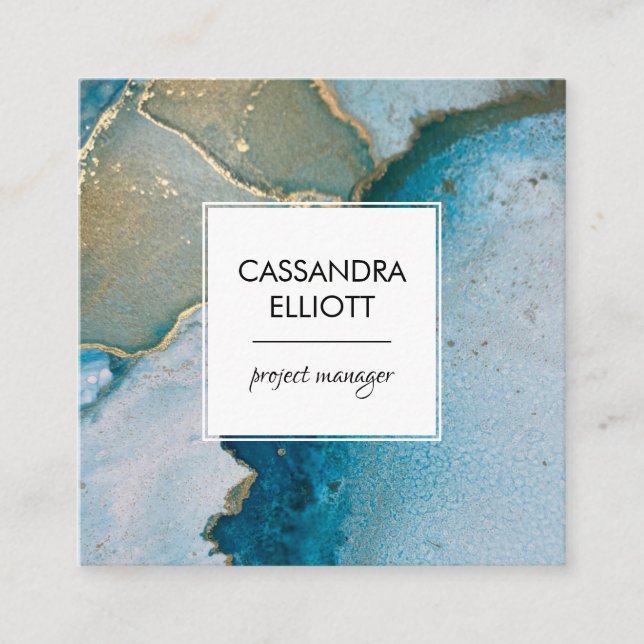 Abstrakt Turcos & Guld Alcohol Bläck Liquid Art Fyrkantigt Visitkort (Framsida)