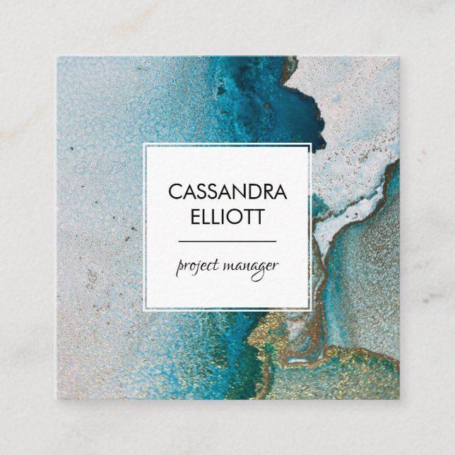 Abstrakt Turcos & Guld Alcohol Bläck Liquid Art Fyrkantigt Visitkort (Framsida)