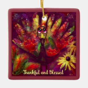 Abstrakt Turkiet Bird Blommigt Red Gult Whimsique Julgransprydnad Keramik