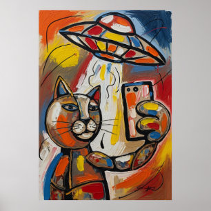 Abstrakt UFO Katt Färgrik Kubistisk Katt Poster