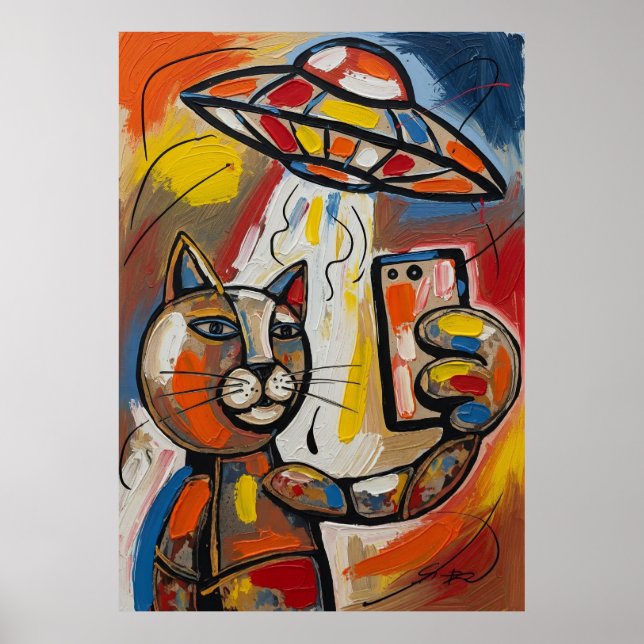 Abstrakt UFO Katt Färgrik Kubistisk Katt Poster (Framsidan)