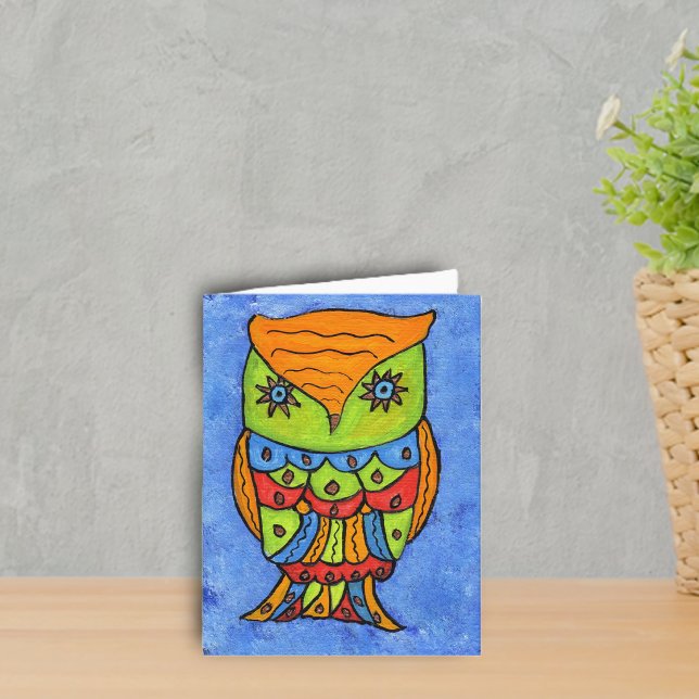 Abstrakt ugglekort kort (Bright Colourful fantasy owl neon colours star eyes on blue notecard.)
