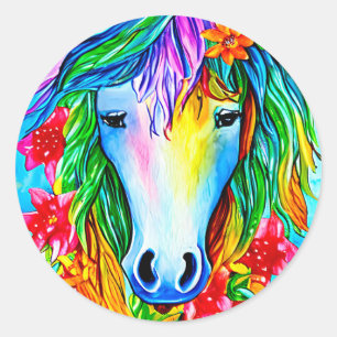 Abstrakt Unicorn Ansikte blommor vattencolor Art C Runt Klistermärke