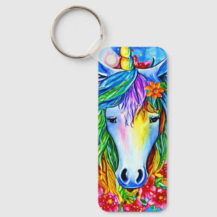 Abstrakt Unicorn Ansikte blommor vattencolor Art Nyckelring