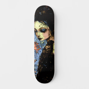 Abstrakt Urban Art Gothic Girl Raven Röd ros Mini Skateboard Bräda 18,5 Cm