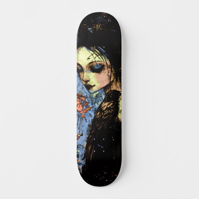 Abstrakt Urban Art Gothic Girl Raven Röd ros Mini Skateboard Bräda 18,5 Cm (Framsida)