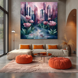 Abstrakt Urban Garden med geometrisk Torn och Rosa Canvastryck