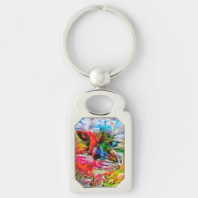 Abstrakt: Uttryckssymbol för kattutskrift" Rektangulärt Silverfärgad Nyckelring (Framsidan)