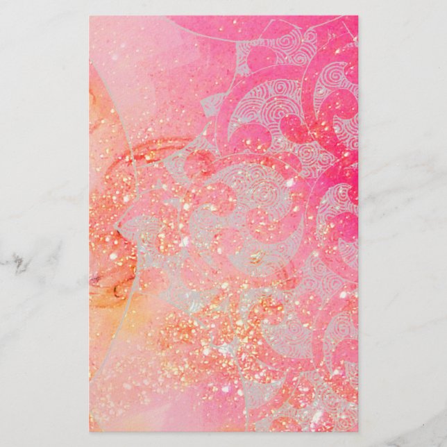 ABSTRAKT VÅGAR/GULD ROSA SPARKLES,BLOMMIGT SWIRLS BREVPAPPER (Framsida)