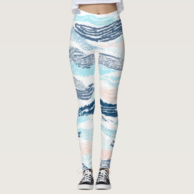 Abstrakt vågform i blått och rosa textilmönster leggings (Framsida)