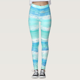 Abstrakt vågrät rand blåturkos vit leggings