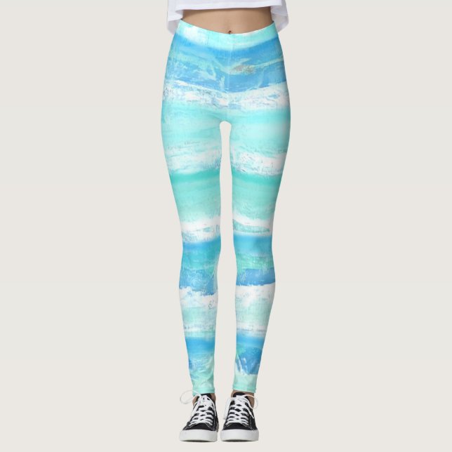 Abstrakt vågrät rand blåturkos vit leggings (Framsida)