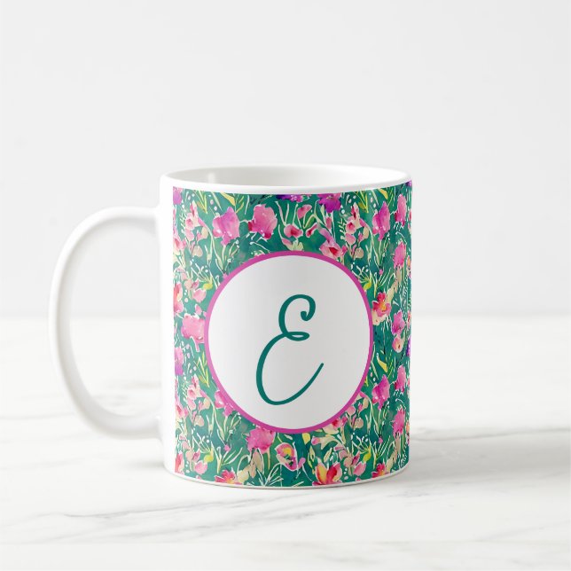 Abstrakt vår vattenfärg blommig mönster monogram kaffemugg (Vänster)