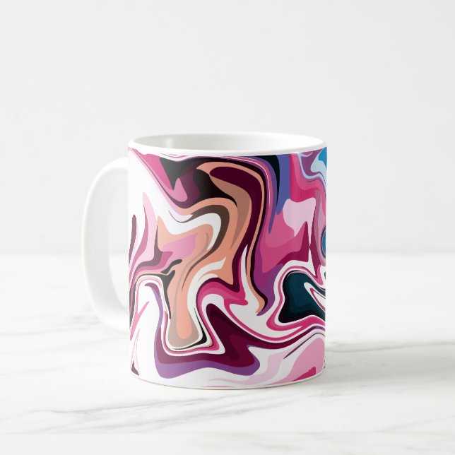 Abstrakt vätskevirvelkonst i rosa, vit och blå kaffemugg (Framsida vänster)