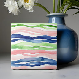 Abstrakt Vattenfärgens Grönt Rosa Blue Wave Rand Kakelplatta