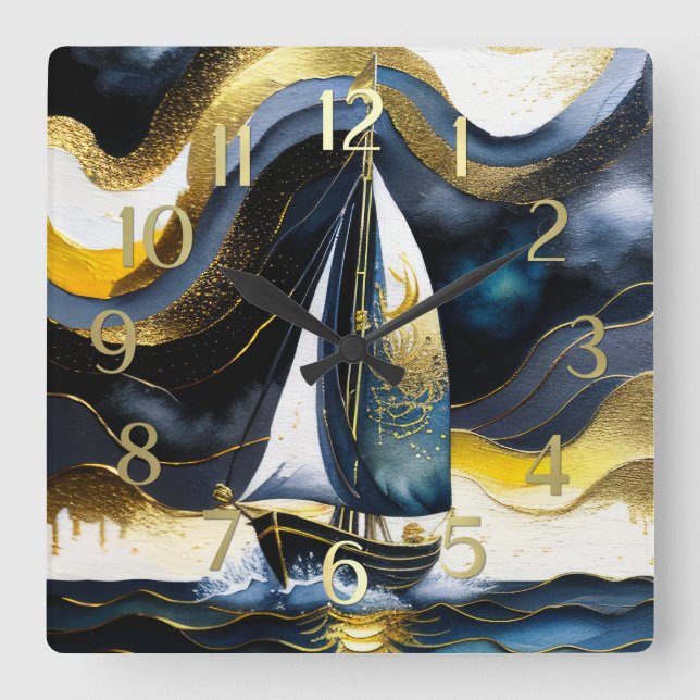 Abstrakt Vattenfärgmålning Segelbåt Natt Fyrkantig Klocka (Framsida)