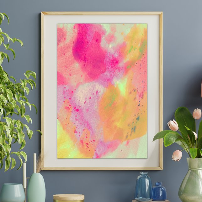 Abstrakt Vattenfärgning Rosa  Gult Lila Poster (Abstract Watercolor Fine Art Pink Yellow Purple Poster)