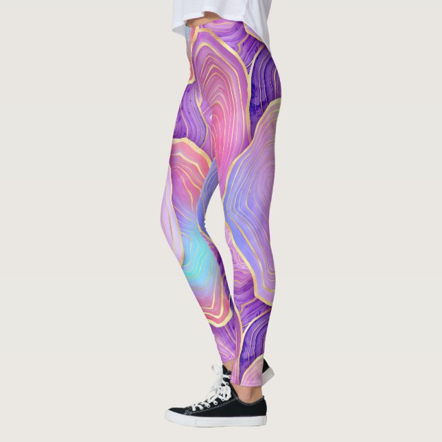 Abstrakt vattenfärgsagate rosa teal guld lavender  leggings (Vänster)