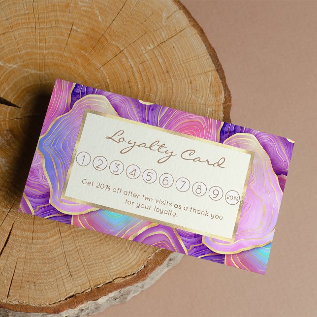 Abstrakt vattenfärgsagate rosa teal guld lavender  lojalitetskort (Abstract watercolor pink teal gold lavender agate)