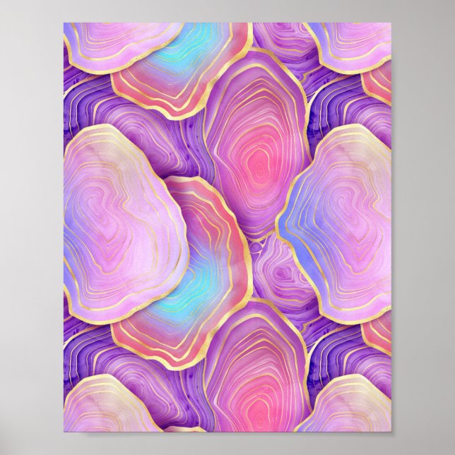 Abstrakt vattenfärgsagate rosa teal guld lavender  poster (Framsidan)
