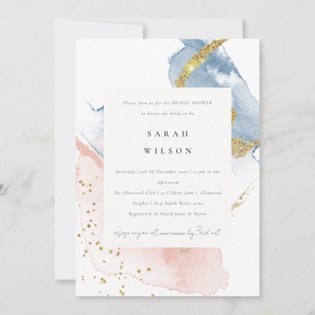 Abstrakt Vattenfärgsblått Guld Rosa Möhippa Inbjudningar (Framsida)