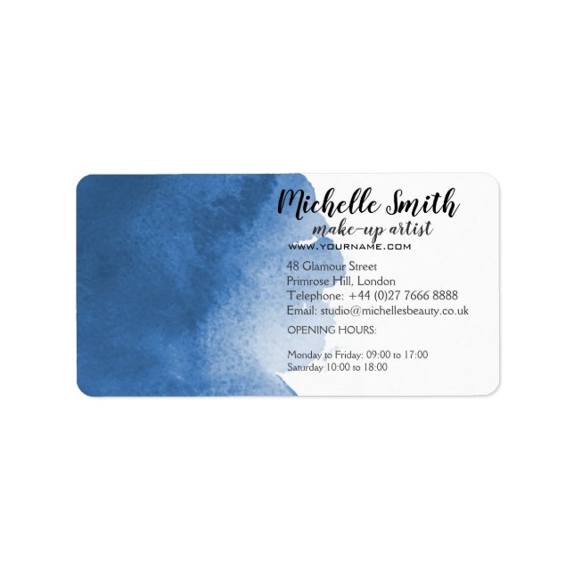 Abstrakt vattenfärgsblått penseldrag färg stänk adressetikett (Framsidan)
