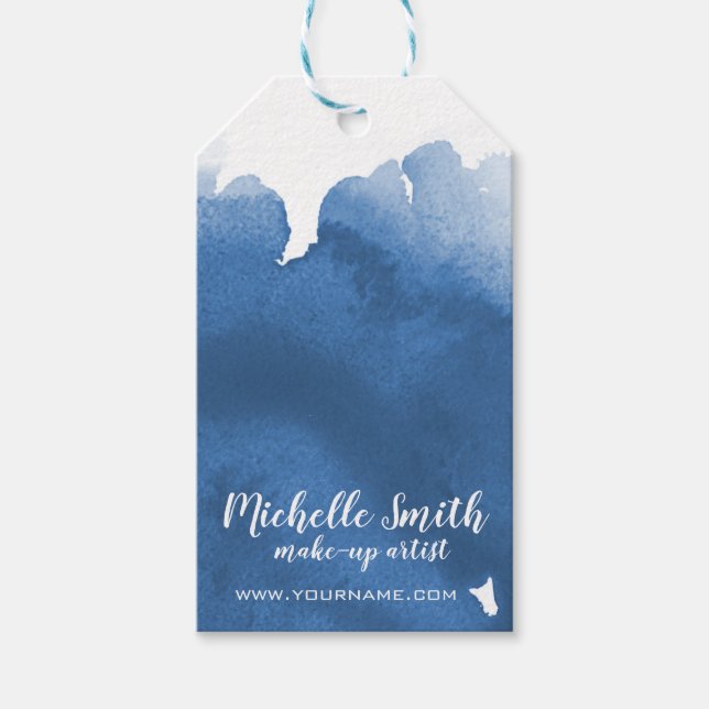 Abstrakt vattenfärgsblått penseldrag färg stänk presentetikett (Framsidan)