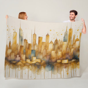 Abstrakt Vattenfärgsfärg målning Golden Cityscape Fleecefilt