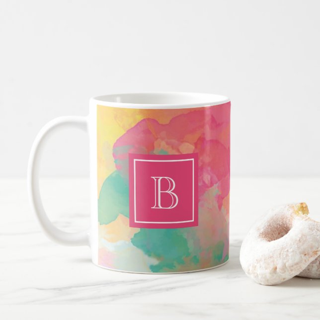 Abstrakt Vattenfärgsfärgad Blommigt Monogram Initi Kaffemugg (Med munk)